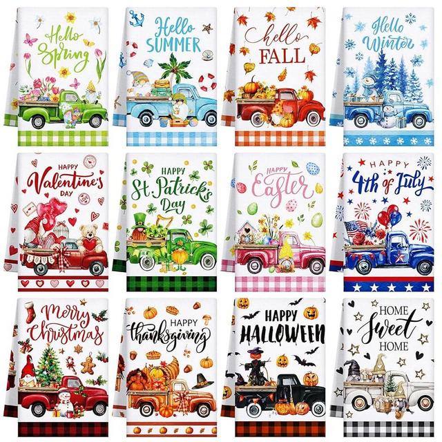 FuWeave 12 Pcs Seasonal Kitchen Towels Set for All Holidays Truck Dish Towels Fall Halloween Christmas Hand Towels Drying Tea Towels Cute Absorbent Dishcloths Decorative Wash Cloths, 21.3 x 14.2 Inch