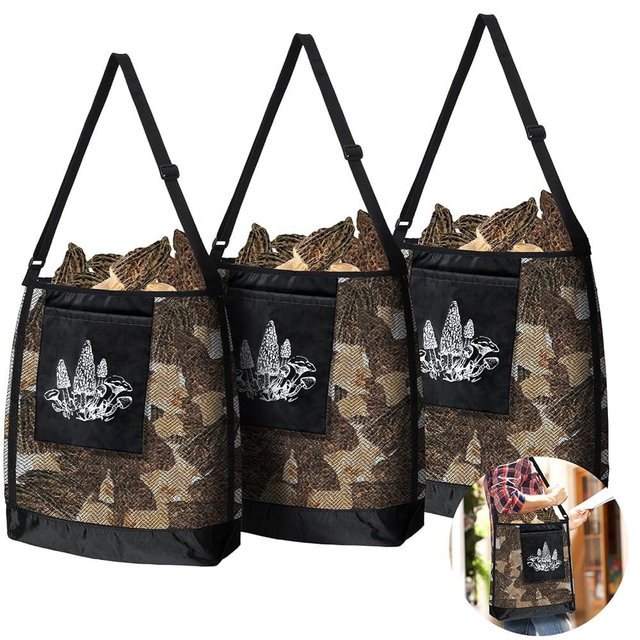 Woanger 3 Pcs Mushroom Foraging Hunting Bags Black Mesh Mushroom Harvesting Gathering Collecting Adjustable Picking Bag with Pouch Crossbody for Fruit Vegetable Hiking Camping