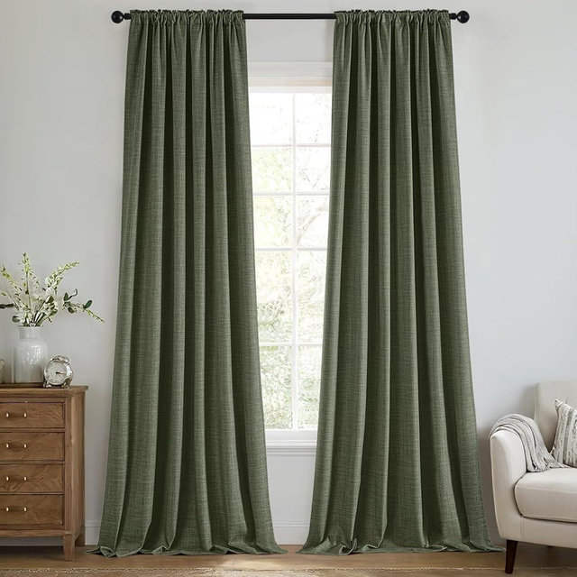 MIULEE 100% Blackout Curtains 96 Inch Long 2 Panels Set for Bedroom, Thick Faux Linen Black Out Curtain Room Darkening Back Tab Pleat Window Textured Drapes with Hooks for Living Room, Olive Green