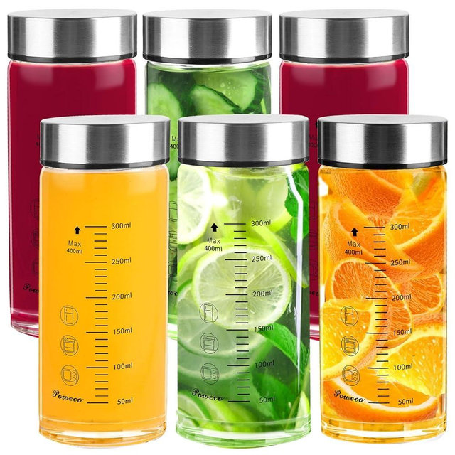 Glass Juice Bottles 6 Pack 12 oz - Wide Mouth Glass Water Bottles with Lids - for Juicing, Protein, Smoothie, Milk, Reusable, BPA Free, Stainless Steel Lids, Blender, Shaker Bottle (12oz/400ml)