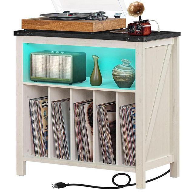 Joaxswe Large Record Player Stand with Charging Station & LED Lights, Vinyl Records Storage Holder Cabinet Holds up to 230 Albums, Turntable Stand for Music Room, Bedroom, Living Room, Office (White)