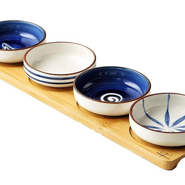 Honey ARGOL | Ceramic Appetizer Snack Candy Fruit Nut Serving Tray, 4 Colorful Serving Dishes with Tray, Sauce Dip Bowls Serving Platter, Salsa Guacamole Chip&Dip Hors d'oeuvres Serving Bowls