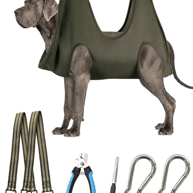 Kkiimatt 10 in 1 Pet Grooming Hammock Harness with Nail Clippers/Trimmer, Nail File, Comb,Dog Nail Hammock, Dog Grooming Sling for Nail Trimming/Clipping (XXXL/Under 140lb, Khaki Green)