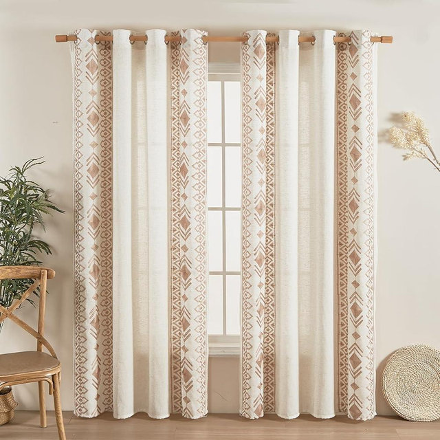 Beige Boho Curtains 2 Panels for Bedroom 84 Inches Long Linen Embroidered Drapes for Living Room Farmhouse Geometric Light Filtering Grommet Window Treatment 52x84 Inch, Taupe On Beige