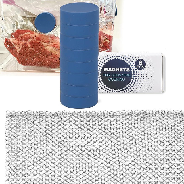 TonGass (Combo Pack) Food Grade Stainless Steel Sous Vide Mesh Net and 8-Pcs Silicone Coated Sous Vide Magnets Weights Works on All Sous Vide Machines Accessories Sous Vide cooker kit