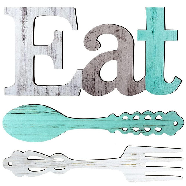 Set of EAT Sign, Fork and Spoon Wall Decor, Rustic Wood Eat Decoration, Cute Eat Letters for Kitchen and Home, Decorative Hanging Wooden Letters, Country Wall Art for Dining Room (Delicate Colors)