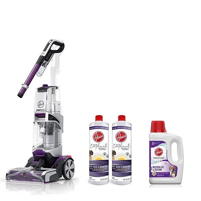 Hoover FH53000PC SmartWash Pet Automatic Carpet Cleaner Machine, Purple & AH30925 Paws & Claws Deep Cleaning Shampoo, 64oz, White & Odor Eliminator Carpet Cleaning Booster, 16 oz, Pack of 2, White