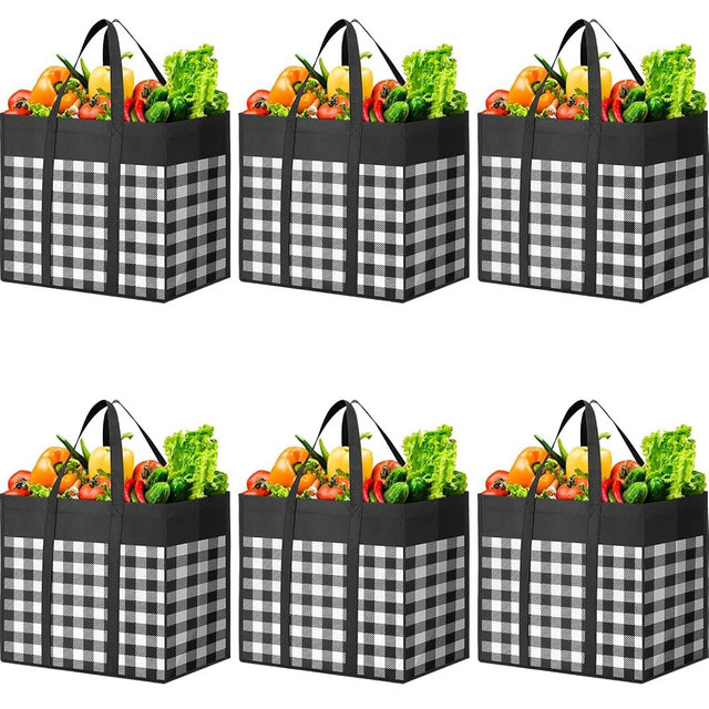 WOWBOX Reusable Grocery Bags,6-Pack, Foldable Reusable Shopping Tote Bags bulk with Reinforced Handles,Large Storage Bags with Water Resistant Coating for Groceries,Multipurpose,Black-White