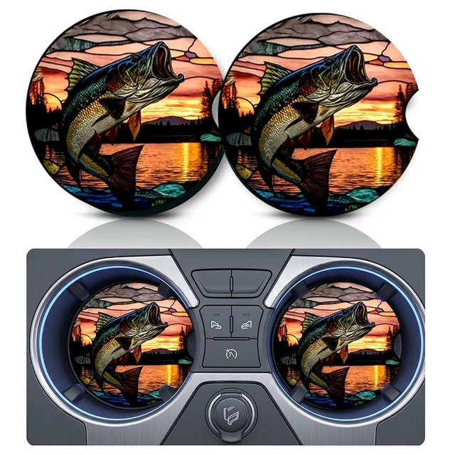 2PCS Bass Fish Car Cup Holder Coasters, Cars Coasters for Cup Holders, 2.75" Universal Anti Slip Rubber Mat with Finger Slot, Bass Fish Car Accessories Interior Decor, Fishing Gifts for Mem