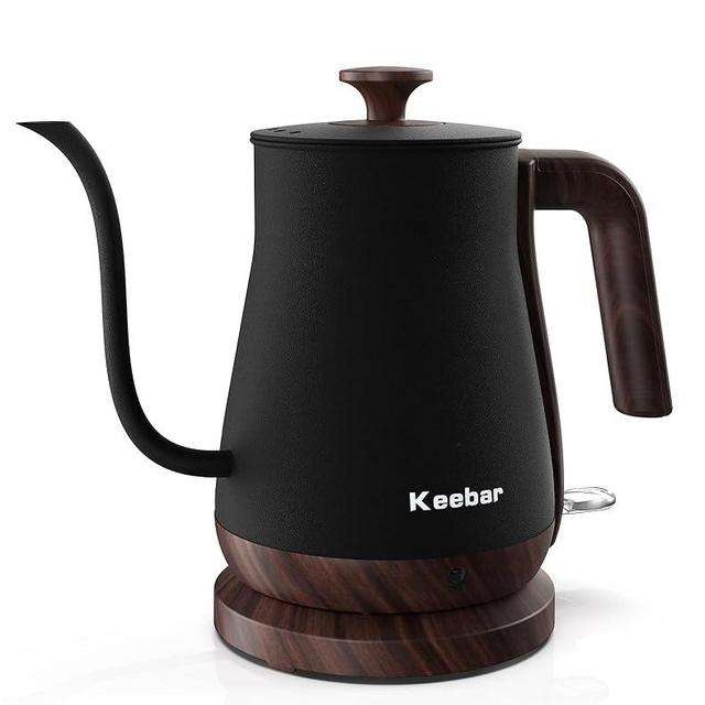 Keebar Gooseneck Electric Kettle - Stainless Steel Pour Over with Auto Shut Off, 0.8L Capacity, 1000W Quick Heating, Design with Elegant Handle, Matte Black with Walnut, Manual, (XH-W081-BW)