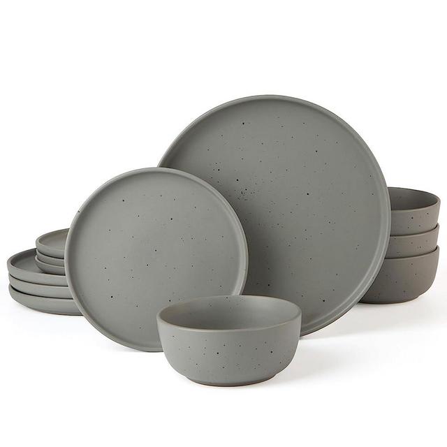 Famiware 12 Piece Plates and Bowls Sets, Spots Dinnerware Sets for 4, Matte Dish Set, Microwave and Dishwasher Safe, Dark Grey