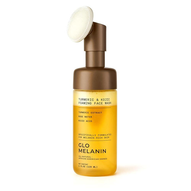 Glo Melanin Turmeric & Kojic Foaming Face Wash – Brightening Foaming Cleanser with Scrubber Top, Rose Water, Vitamin C, Aloe & Kojic Acid – Natural, Paraben-Free, 4 fl oz, 120 ml