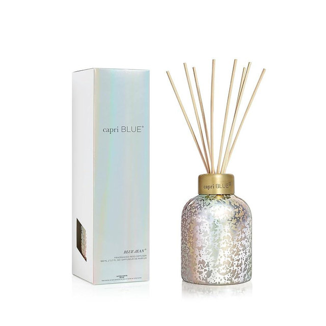 Capri Blue Reed Diffuser - Comes with Blue Jean Scented Diffuser Oil, Diffuser Sticks, and Mercury Iridescent Glass Bottle - Aromatherapy Diffuser (5.7 fl oz)