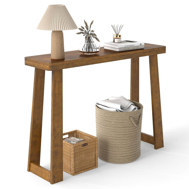 Costway 43-Inch Console Table, Narrow Long Rubberwood Table Behind the Couch for Hallway Walnut