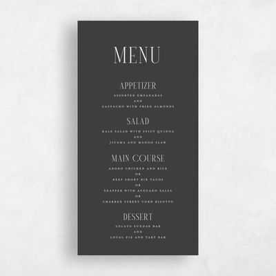 Dark Charcoal, Black Wedding Menu - Vence