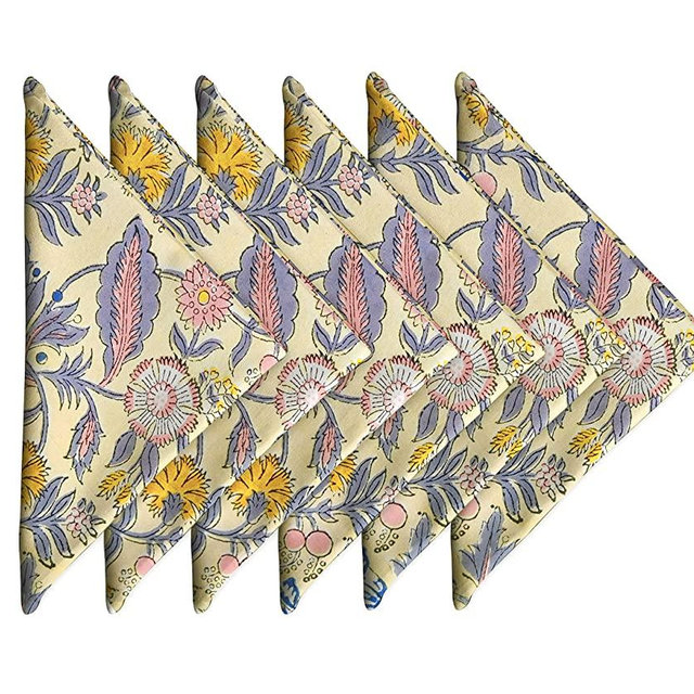 Craftbot Cotton Print Dinner Napkins 18x18 inches - Washable Cloth Napkins Set of 6 - Everyday Use or Dinner Party and Events - Light Yellow Indian Block Printed Fabric