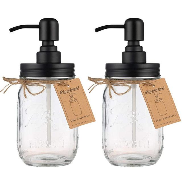 Plomkeest 2-Pack 16oz Mason Jar Soap Dispenser Clear Glass Jar Soap Dispenser with Stainless Steel Pump Liquid Soap Dispensers(Black)