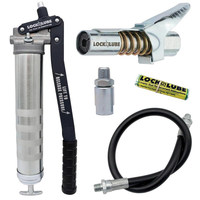 LockNLube Professional Series Lever Grease Gun. Includes Our Patented Grease Coupler (Locks on, Stays on, Won't Leak!) Plus a 20" Hose and in-line Hose Swivel.