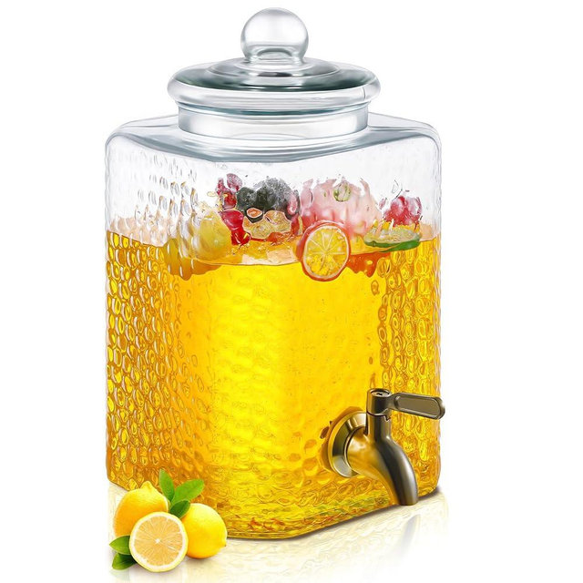 Tiangrid 1 Pack 2.5 Gallon Glass Water Drink Dispenser for Party, Hammered Glass Beverage Dispenser, Water Jug Container with Stainless Steel Spigot for Parties, Weddings, Catering, Lemonade, Iced Tea