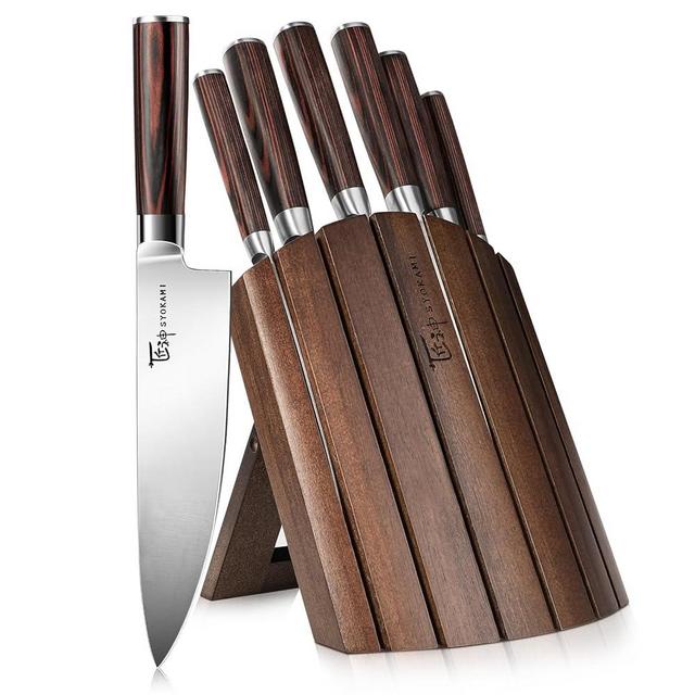 SYOKAMI Knife Block Set, 7 Piece Japanese Style Kitchen Knives With Collapsible Block-Drawer Or Countertop Organizer, Ultra Sharp High Carbon Steel Cutting Knife With Wooden Handle, House Warming Gift