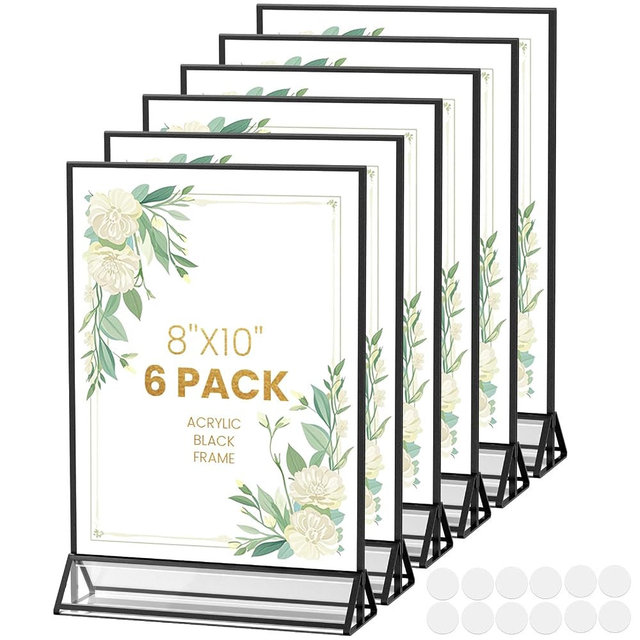 YOAEAILY Black Frames 8X10 Acrylic Sign Holder Double-Sided Picture Frames for Menu, Wedding Table Number, Christmas Photos With Round Stickers - 6 Pack