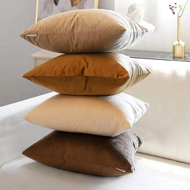 MEKAJUS Throw Pillow Covers Brown Beige Pillow Covers 18x18 Set of 4 Velvet Decorative Pillow Covers Soft Square Pillow Covers Neutral Cushion Pillowcase Case for Sofa Couch Bed Car Home (Brown/Beige)