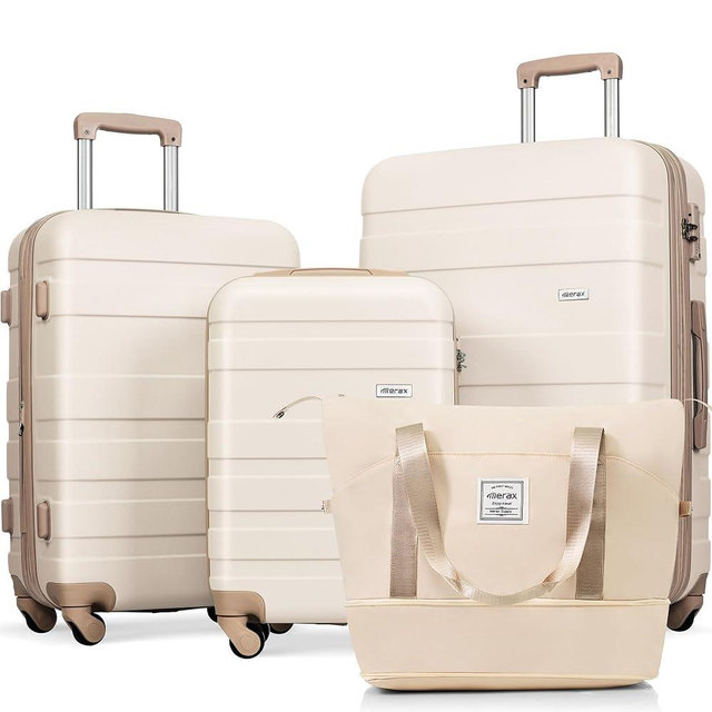 Merax 4 Pcs Expandable ABS Hardshell Luggage Spinner Wheel Suitcase TSA Lock Suit Case, ivory and golden, 4-Piece Set