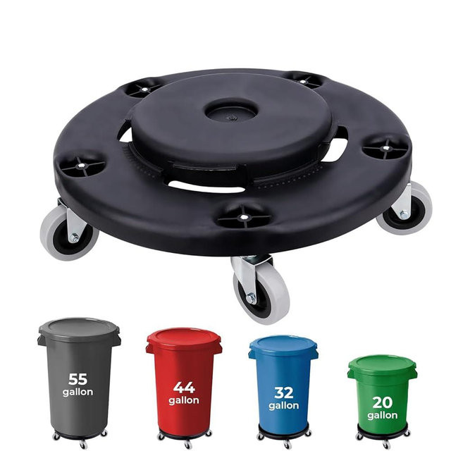 Commercial Products Trash Can Dolly with 4 Wheels - Adjustable 20, 32, 44 and 55 Gallons Brute Containers - 500lbs Load Capacity Heavy Duty Wheels for Barrel Dolly - 18 Inches