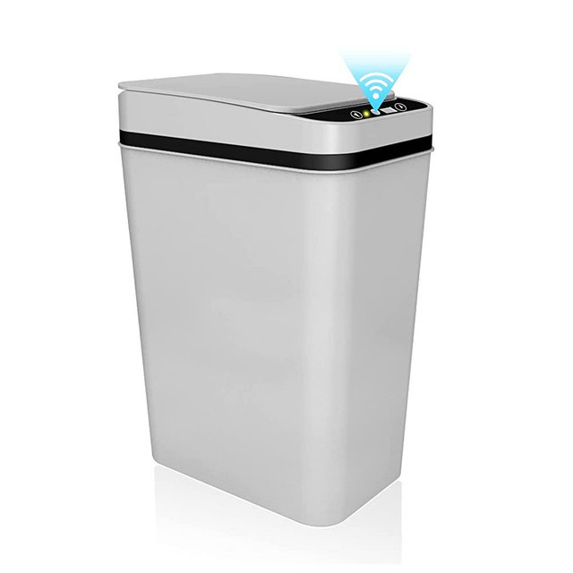 jinligogo Bathroom Trash Can Touchless, 2.5 Gallon Motion Sensor Smart Trash can with Automatic Lid, Waterproof Slim Plastic Narrow Bedroom Garbage Bin for Kitchen, Office, Living Room, RV - Grey