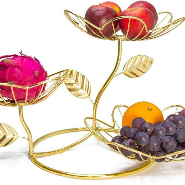 Moiuhtu Fruit Basket,Fruit Bowl,3 Tier Fruit Basket,Fruit Basket for Kitchen Counter，Fruit basket stand，Fruit and Vegetable Basket，Vegetable Basket(Gold)
