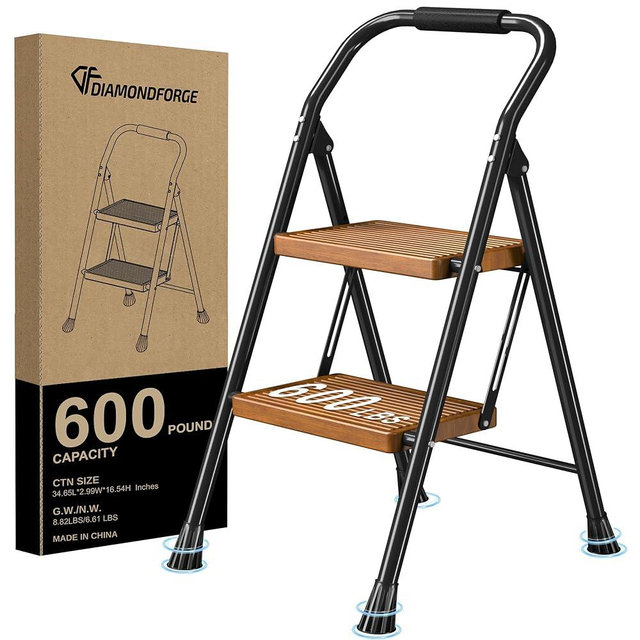 Step Ladder Foldable Folding Stool - for Home Adults Kitchen 2 Stepping Extension Tall Heavy Duty with Handrails - Closet Stepstool Stair Ladders Extendable Stepladder for Indoor House 600Lbs