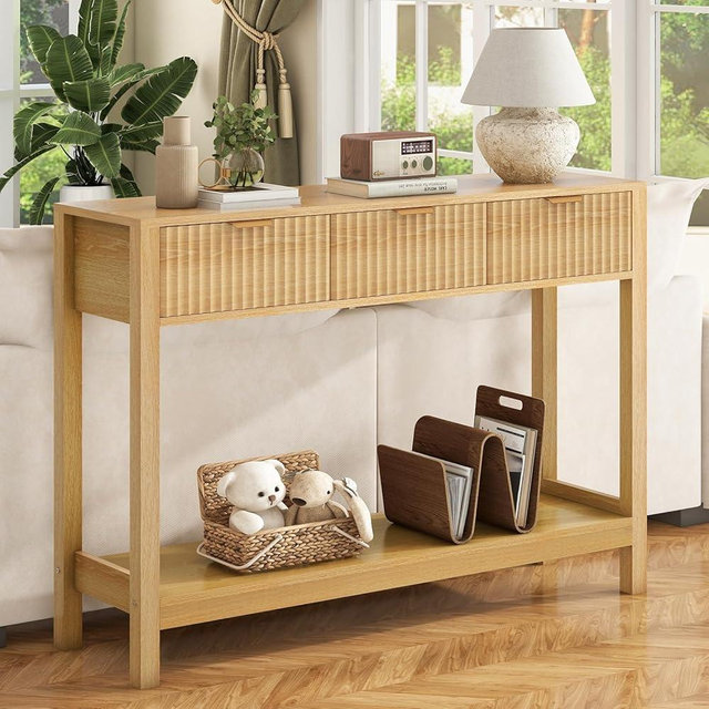 Nasonet Fluted Console Table, Wooden Sofa Table with Storage and Drawers, Farmhouse Behind Couch Table Entryway Table for Entrance, Hallway, Living Room, Oak