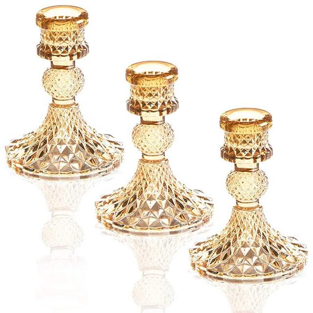 ENJINKAIL Glass Candle Holder - Gold Taper Candlestick Holders, Decorative Candle Sticks Set of 3, for Formal Events, Wedding, Church, Fall, Holiday DéCor, Table Centerpiece Decoration