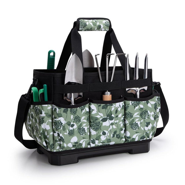 Marscamd Garden Tool Bag with Hard Bottom, Garden Tote with Shoulder Strap and Multiple Pockets (No Accessories Included), Green Rose