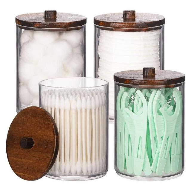 Tbestmax 4 Pack Qtip Holder Bathroom Set, 10 oz Restroom Bathroom Organizers and Storage Containers, Clear Plastic Apothecary Jars with Wood Lids for Cotton Ball, Cotton Swab, Floss