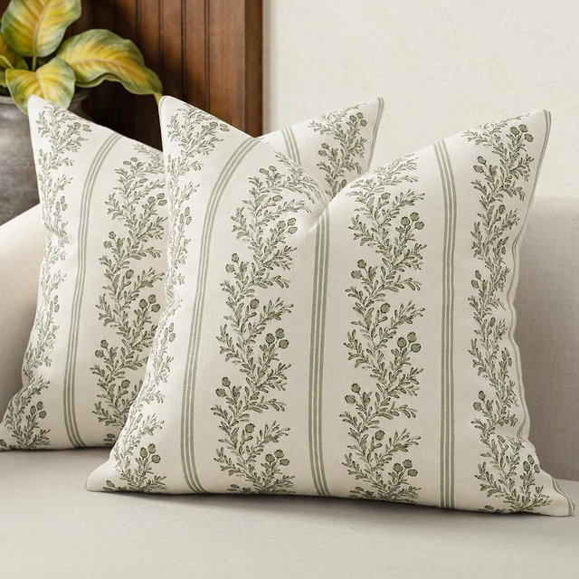 DKwizme Vintage Throw Pillow Covers 20x20 Set of 2, Striped Floral Pillow Cover Botanical Patterned Decorative Cushion Covers Modern Farmhouse Home Decor for Sofa Couch Bed Living Room, Sage