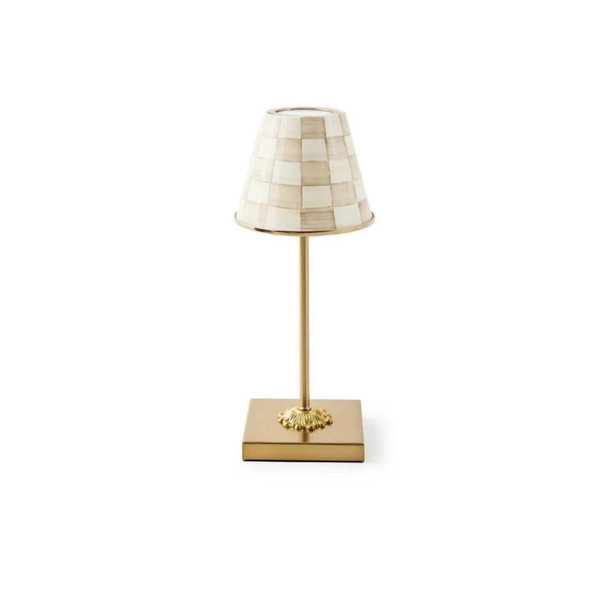 MACKENZIE-CHILDS LED Rechargeable Cafe Table Lamp, Cordless Decorative Lamp, Brown-and-White Mocha Check