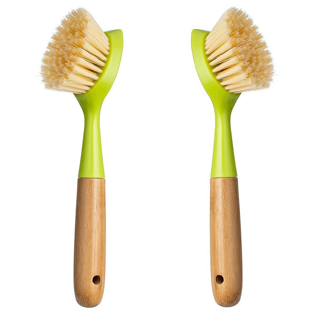 2 Pack Kitchen Dish Brush Bamboo Handle Dish Scrubber Built-in Scraper, Scrub Brush for Pans, Pots, Kitchen Sink Cleaning, Dishwashing and Cleaning Brushes are Perfect Cleaning Tools, Color-Green