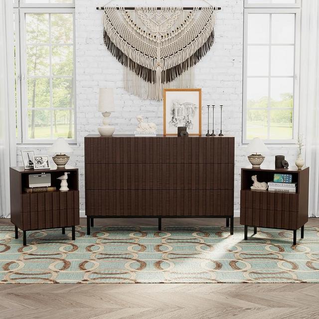 UEV Mid Century Modern Dresser and Nightstand Sets for Bedroom,Two Drawers Nightstand Set of 2 & 6 Drawer Dresser Combo 3 Pieces(Brown)