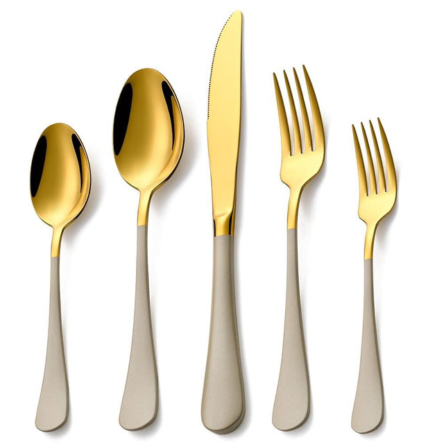 Lekoton 20 Piece Gold and Grey 18/0 Flatware Utensil Set for 4, Include Dinner Knife,Dinner Forks,Dinner Spoons,Salad Forks,Teaspoons,Silverware Set for 4, Dishwasher Safe