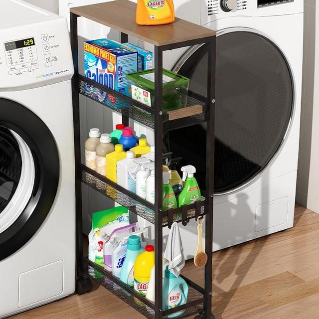 TIPGO Utility Slim Storage Cart, 4 Tier Rolling Cart with Wheels, Narrow Storage Cabinet for Bathroom, Laundry Shelves for Room Organization, Small Organizer for Kitchen, Office and Dorm (Black)