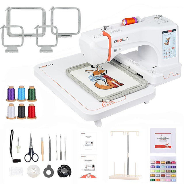 POOLIN EOC06 Embroidery Machine 7.9x11 Inch Large Hoop for Beginners,Computerized 7 Inch Touchscreen,Machine Embroidery Gifts,Includes Hoops,USB,Stabilizer,Bobbins,Home Embroidery Machine