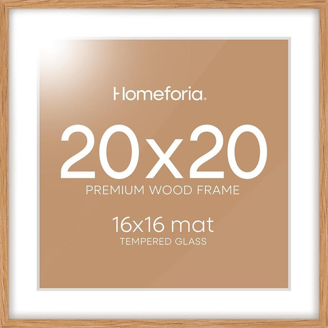 Homeforia 20x20 Picture Frame Wood, Premium Oak Wooden Square Poster Frames 20x20 with 16x16 Mat, 20 x 20 Natural Wood Photo Frame for Wall, Tempered Glass, Wall Hook Included, Set of 1