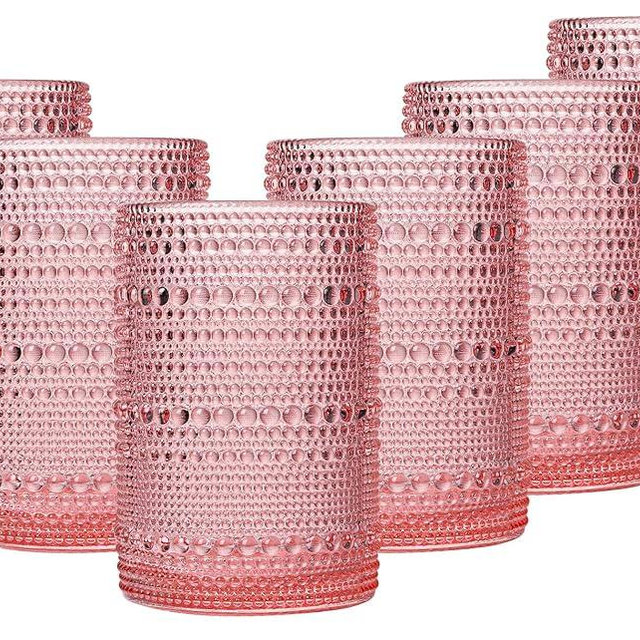 JOVGANK Pink Vintage Hobnail Drinking Glasses Set of 6, Water Tumbler 15oz, Kitchen & Bar Beaded Highball Glasses, Beverage Glass Cups for Water, Beer, Juice, New Year Gifts