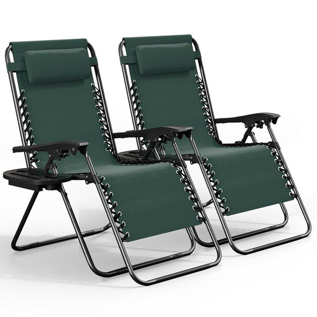 Nestl Zero Gravity Chairs Set of 2, Patio Lounge Chair Outdoor with Pillows & Cup Holder Trays, Adjustable Steel Mesh Reclining Camping Chair, Folding Patio Lawn Chair for Deck, Beach - Forest Green
