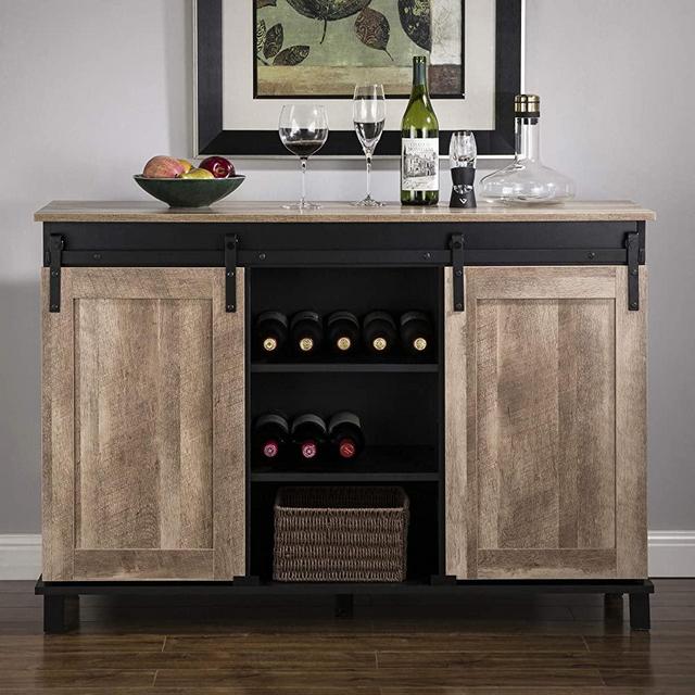 Glitzhome Wood Rustic Wine Cabinet 3-Piece Bar Cabinet with Wine Storage 47.2”L Sideboard Table with Sliding Doors Wood Sideboard with Wine Display for Kitchen Dining Room