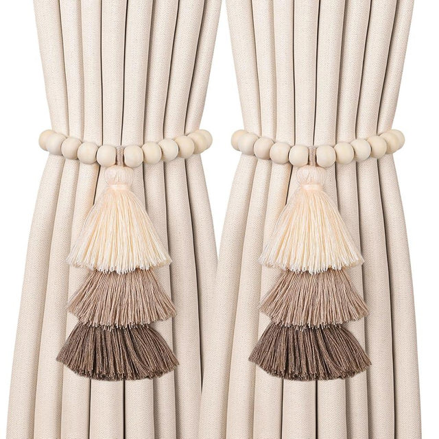 2 Pack Magnetic Curtain Tiebacks with 3-Tier Tassel, Wood Bead Curtain Holdbacks No Drill, Boho Curtain Tie Backs, Decorative Curtain Holders for Drapes in Bedroom, Nursery, Living Room (Coffee Brown)