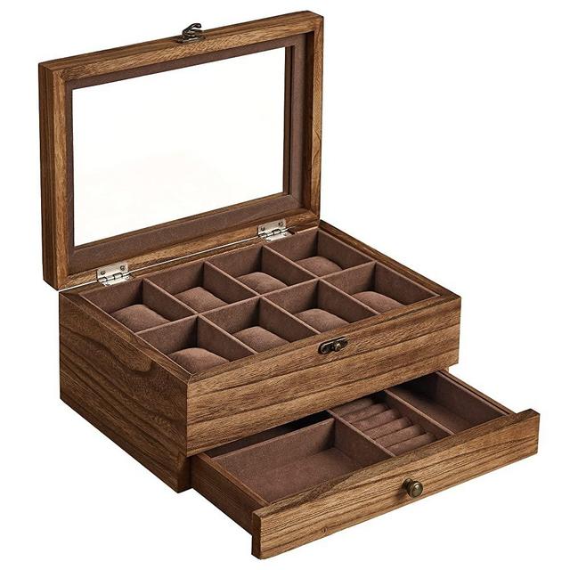SONGMICS 8-Slot Solid Wood Watch Box, Watch Case with Pillows, Glass Lid, Christmas gifts for men, Rustic Walnut UJOW008K01