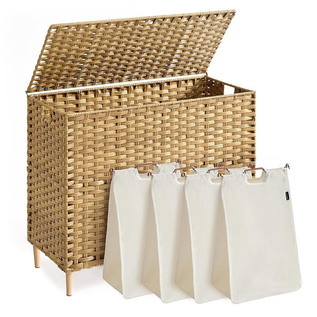 SONGMICS Laundry Hamper with Lid, 55.4 Gal. (210 L) PE Rattan Laundry Basket with Lid and Handles, Natural Material,Removable Machine Washable Liner, Goose Yellow ULCB224YE01