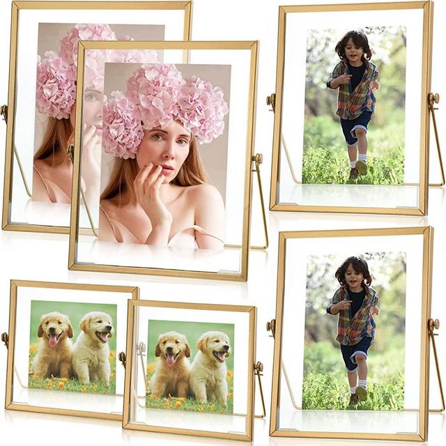 Set of 6 Metal Picture Frames Vintage Minimal Ornate Floating Easel Stand Photo Frames Antique Vertical Glass Gold Frame for Pictures Photos Desk Tabletop Display, 4 Inches, 6 Inches, 7 Inches